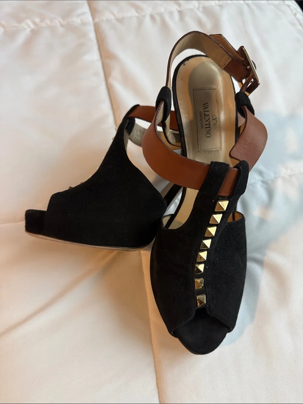 Valentino Black Suede Peep-Toe Studded High Heel Sandals - Designer